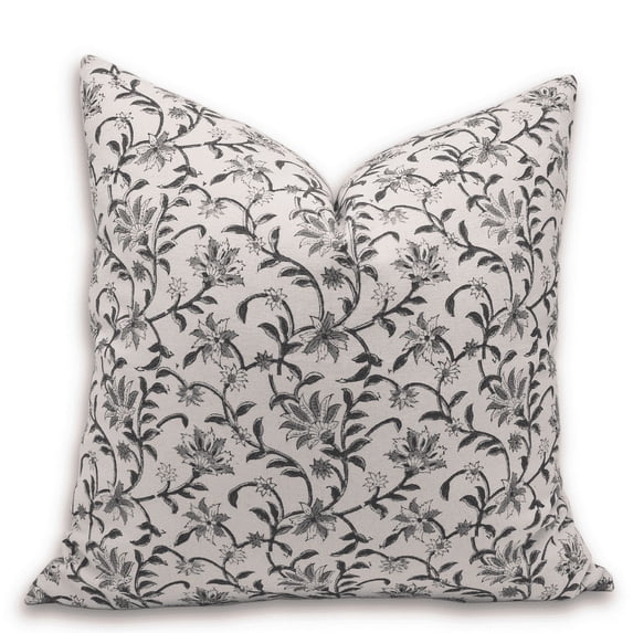 Fabdivine Block Print Throw Pillow Cover, 24x24 Inch Duck Canvas Decorative Cushion Cover, Floral Print Boho Design Grey Pillow Cover for Sofa and Couch
