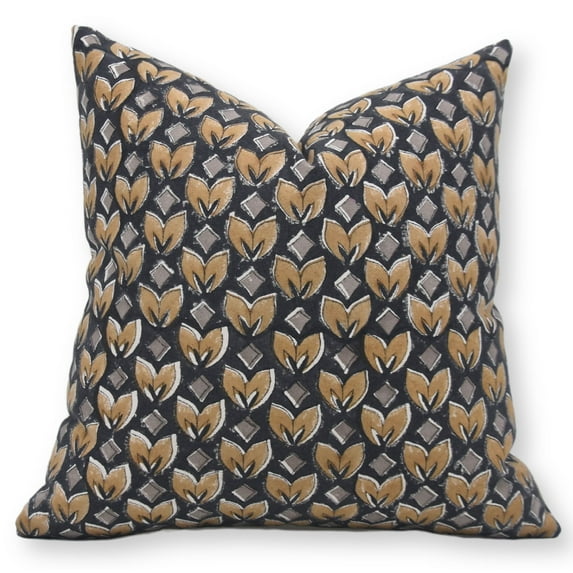 Fabdivine Block Print Throw Pillow Cover, 24x24 Inch Duck Canvas Handmade Cushion Cover, Floral Print Boho Design Black Pillow Cover for Sofa and Couch