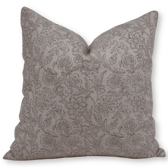 Fabdivine Block Print Throw Pillow Cover, 24x24 Inch Pure Linen Decorative Cushion Cover, Floral Boho Design Brown Pillow Cover for Sofa And Couch