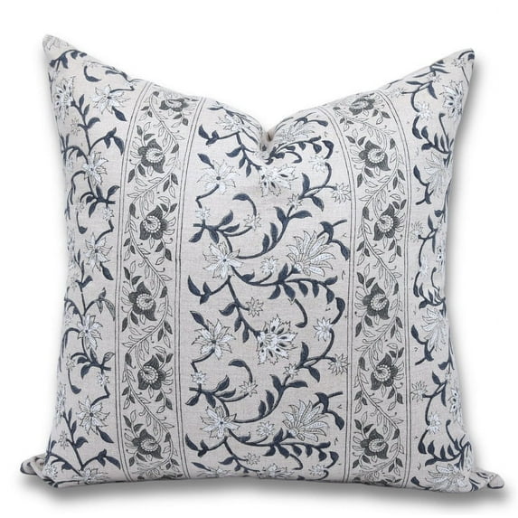 Fabdivine Block Print Throw Pillow Cover, 24x24 Inch Pure Linen Decorative Pillowcase, Floral Boho Design Blue Pillow Cover for Sofa And Couch