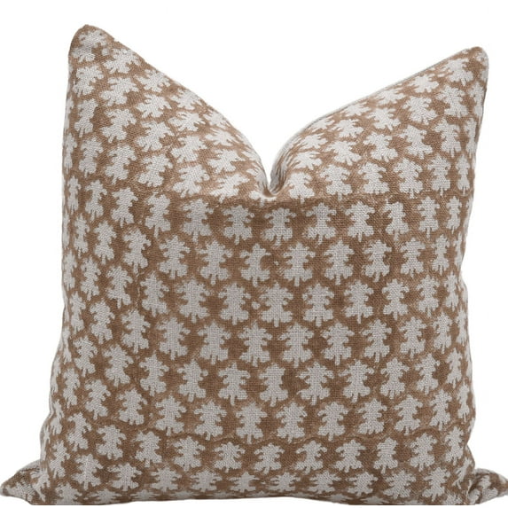 Fabdivine Block Print Throw Pillow Cover, 24x24 Inch Thick Linen Decorative Cushion Cover, Floral Boho Design Brown Pillow Cover for Sofa And Couch