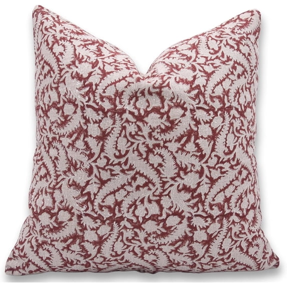 Fabdivine Block Print Throw Pillow Cover, 24x24 Inch Thick Linen Handmade Cushion Cover, Floral Print Boho Design Red Pillow Cover for Sofa and Couch