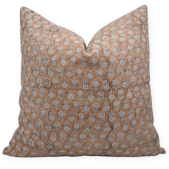 Fabdivine Block Print Throw Pillow Cover, 24x24 Inch Thick Linen Outdoor Cushion Cover, Floral Print Boho Design Camel Brown Pillow Cover for Sofa and Couch