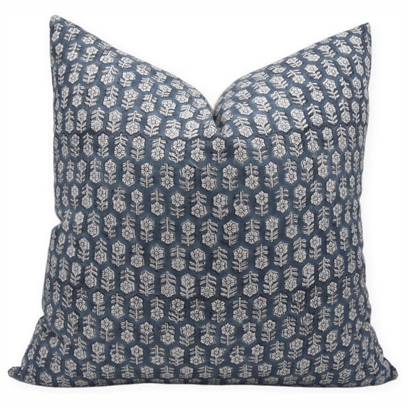 Fabdivine Block Print Throw Pillow Cover, 26x26 Inch Pure Linen Handmade Cushion Cover, Floral Print Boho Design Gray Pillow Cover for Sofa and Couch
