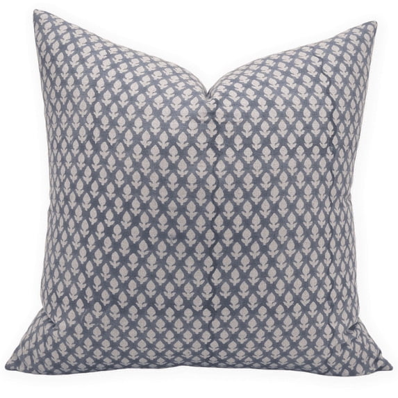 Fabdivine Block Print Throw Pillow Cover, 26x26 Inch Pure Linen Outdoor Cushion Cover, Floral Print Boho Design Gray Pillow Cover for Sofa and Couch