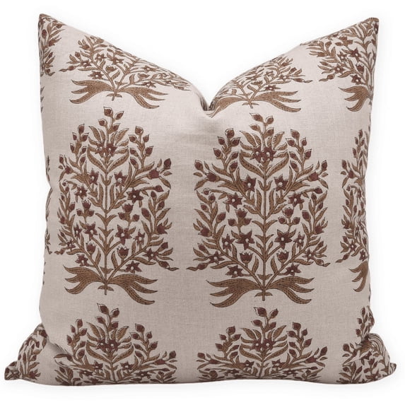 Fabdivine Block Print Throw Pillow Cover, 26x26 Inch Pure Linen Vintage Cushion Cover, Floral Print Boho Design Rust Pillow Cover for Sofa and Couch