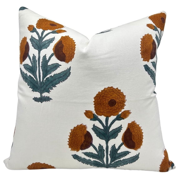 Fabdivine Block Print Throw Pillow Cover, 26x26 Inch Thick Cotton White Handmade Cushion Cover, Floral Print Boho Design Mustard Pillow Cover for Sofa and Couch