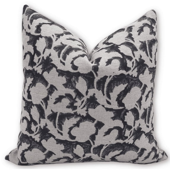 Fabdivine Block Print Throw Pillow Cover, 26x26 Inch Thick Linen Decorative Cushion Cover, Floral Boho Design Black Pillow Cover for Sofa And Couch