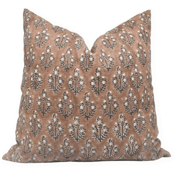 Fabdivine Block Print Throw Pillow Cover, 26x26 Inch Thick Linen Decorative Cushion Cover, Floral Print Boho Design Brown Pillow Cover for Sofa and Couch