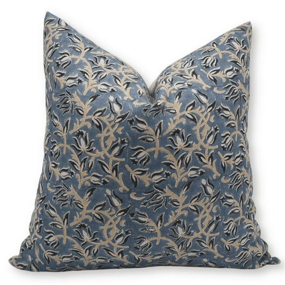 Fabdivine Block Print Throw Pillow Cover, 26x26 Inch Thick Linen Handmade Cushion Cover, Floral Print Boho Design Green Pillow Cover for Sofa and Couch