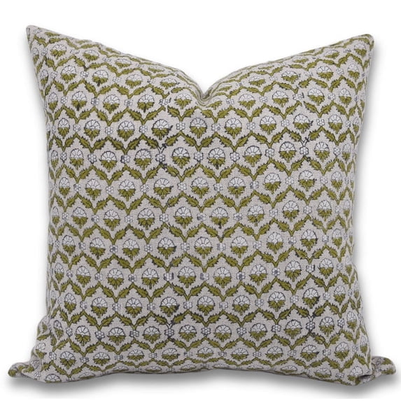 Fabdivine Block Print Throw Pillow Cover, 26x26 Inch Thick Thick Linen Decorative Cushion Cover, Floral Print Boho Design Green Pillow Cover for Sofa and Couch