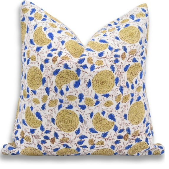 Fabdivine Block Print Throw Pillow Cover, 26x26 Inch Off White Linen Decorative Cushion Cover, Floral Print Boho Design Yellow Pillow Cover for Sofa and Couch