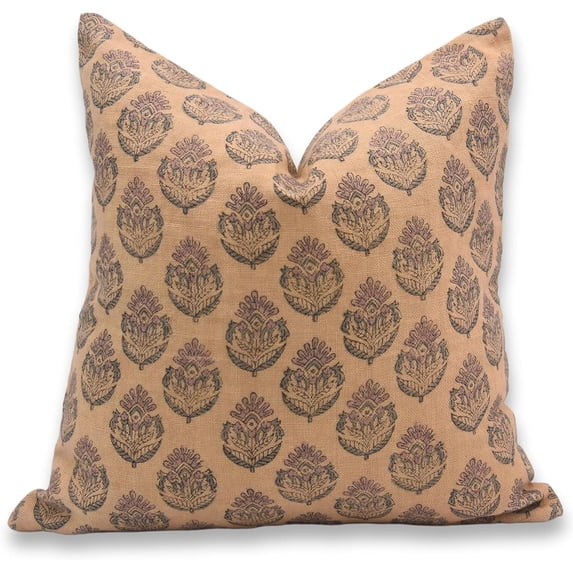 Fabdivine Block Print Throw Pillow Cover, 26x26 Inch Off white Linen Handmade Cushion Cover, Floral Print Boho Design Rust Pillow Cover for Sofa and Couch