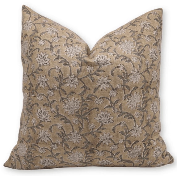 Fabdivine Block Print Throw Pillow Cover, 26x26 InchThick Linen Decorative Pillowcase, Floral Boho Design Brown Pillow Cover for Sofa And Couch