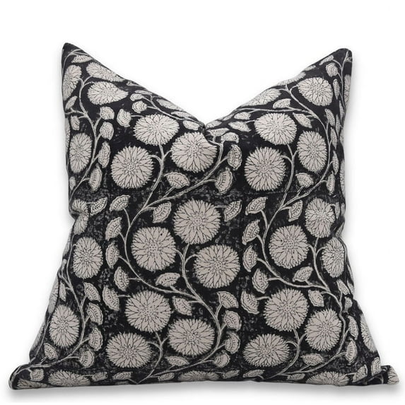 Fabdivine Block Print Throw Pillow Cover, Duck Canvas Decorative with Floral Boho Design Black 14x36 Inch