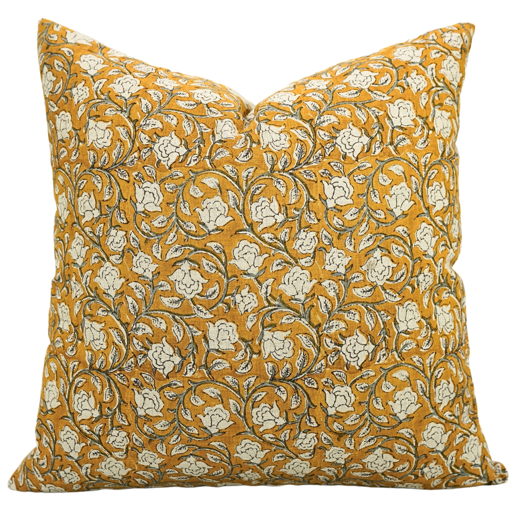 Handmade Floral Linen Block Print Pillow Cover, 16" x 16"