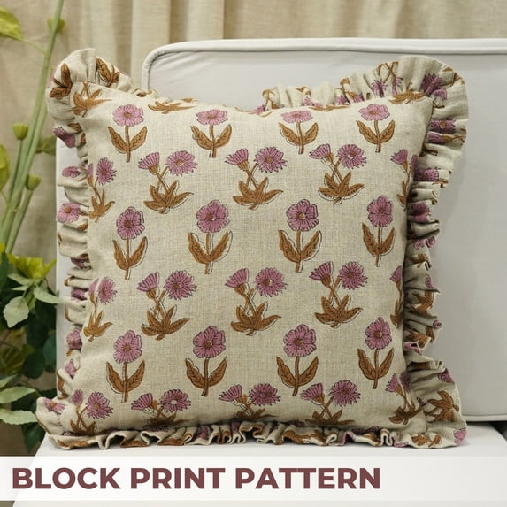 Fabdivine Farmhouse "Thick Linen" Frill Cushion Case Decor for Home, Accent Pillow for Living Room, Size 14"X14", "Pink", Pillow for Bed, Couch, Sofa