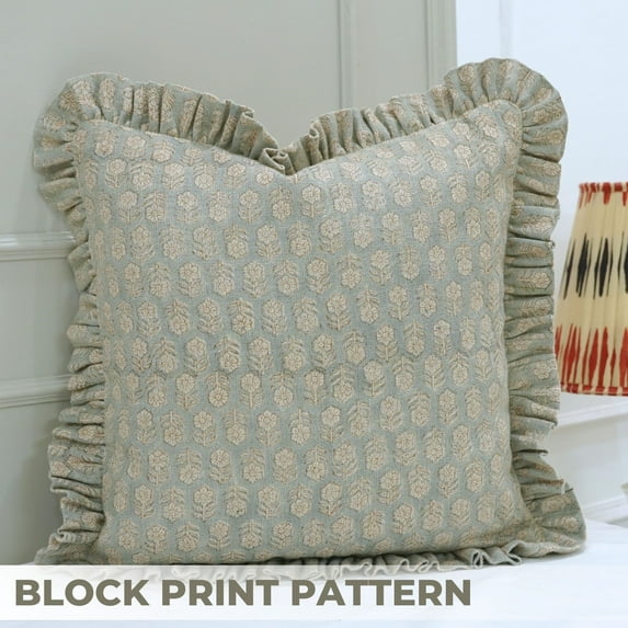 Fabdivine Floral Block Print Boho Decorative Linen Frill Throw Pillow Cover, Handblock Printed Cushion Cover for Sofa , 14"X14", Blue