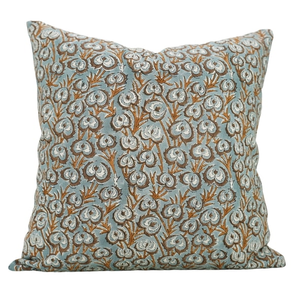 Fabdivine Floral Block Print Boho Decorative Linen Throw Pillow Cover, Handblock Printed Cushion Cover for Sofa , 20"X20", Brown