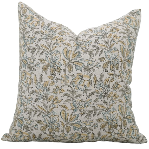 Fabdivine Floral Block Print Boho Decorative Pure Linen Throw Pillow Cover, Handblock Printed Cushion Cover for Sofa , 16"X16", Blue