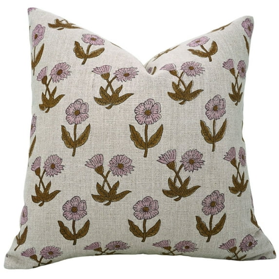 Fabdivine Floral Block Print Boho Decorative "Thick Linen" Throw Pillow Cover, Handblock Printed Cushion Cover for Sofa , 16"X16", "Pink"