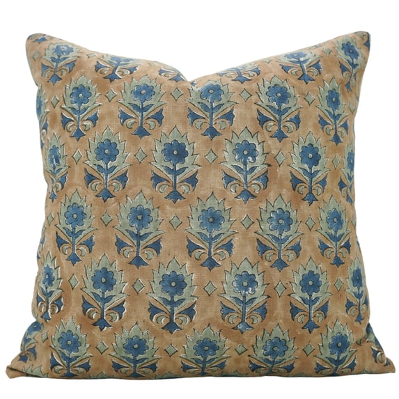 Fabdivine Floral Block Print Boho Decorative "Viscose Linen" Throw Pillow Cover, Handblock Printed Cushion Cover for Sofa , 18"X18", Blue