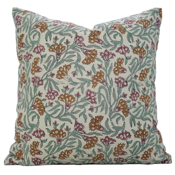 Fabdivine Hand Block Printed Pure Linen Cushion Covers, 26X26, Throw Pillowcase Cushion Cover with Zipper for Sofa, Couch, Home Décor, Outdoor, Farmhouse, Living Room, Thorny stems
