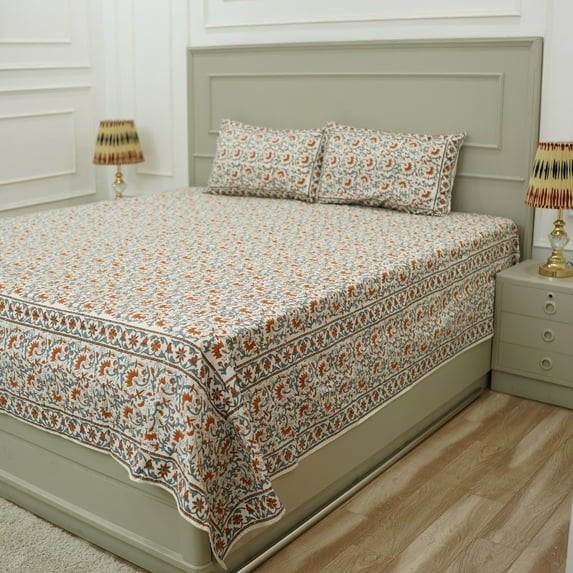 Fabdivine Handcrafted Soft and Stylish Floral Print 100% Cotton 90x70 Inch Twin Size Bedsheet with 2 Pillowcase Cover Decorative for Home Living Room, Bedroom (Madhav-Orange-Grey)