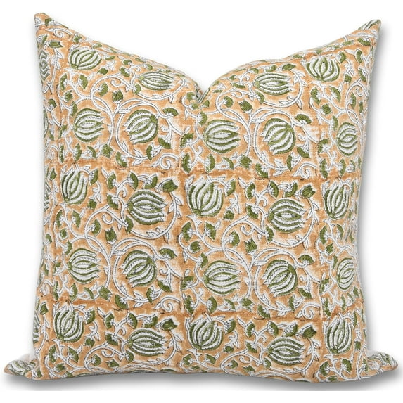 Fabdivine Off White Linen Hand Block Print Decorative Throw Pillow Cover , 14"X14", Brown