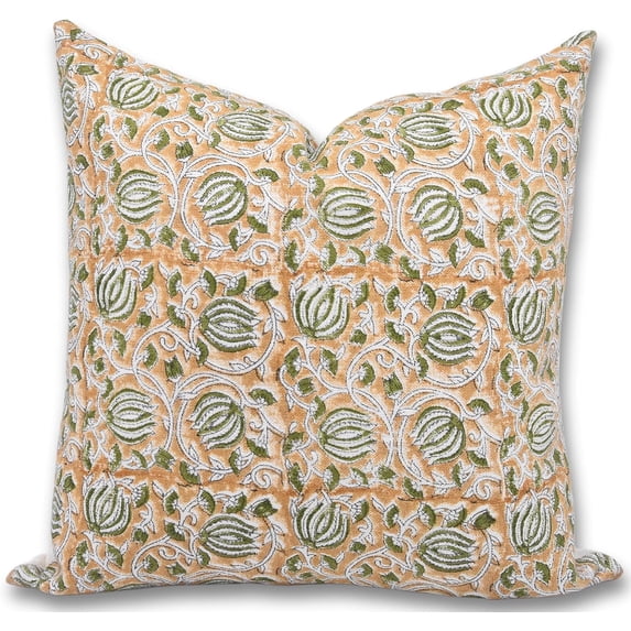 Fabdivine Off White Linen Hand Block Print Decorative Throw Pillow Cover , 14"X20", Brown