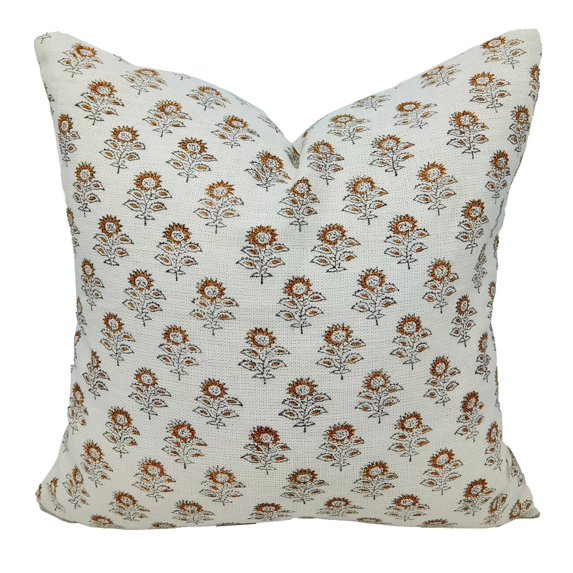 Fabdivine Off White Linen Hand Block Print Decorative Throw Pillow Cover , 22"X22", Yellow