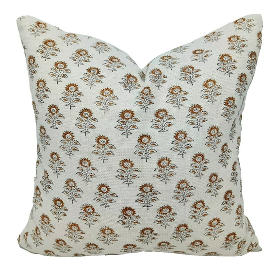 Fabdivine Off White Linen Hand Block Print Decorative Throw Pillow Cover , 26"X26", Yellow