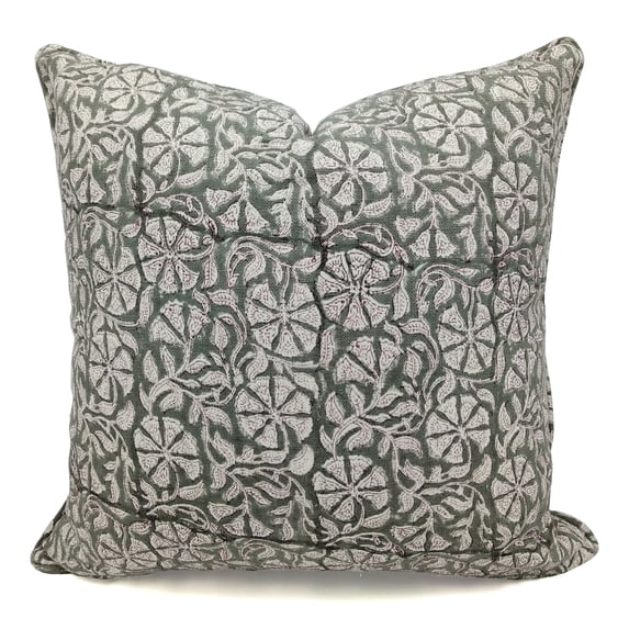 Fabdivine Off White Linen Hand Block Print Farmhouse Throw Cushion Cover , 18"X18", Green