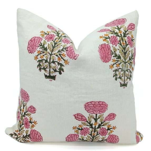 Fabdivine Off White Linen Hand Block Print Outdoor Throw Cushion Cover , 14"X14", Pink