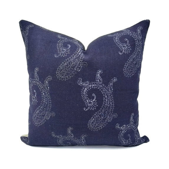 Fabdivine Off white Linen Hand Block Print Decorative Throw Pillow Cover , 26"X26", Blue