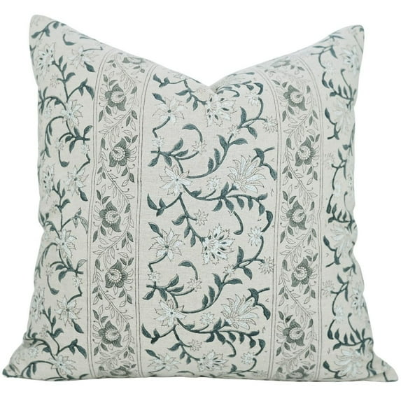Fabdivine Pack Of 2 Block Print Throw Pillow Cover, 16x16 Inch Pure Linen Decorative Pillowcase, Floral Boho Design Blue Pillow Cover for Sofa And Couch