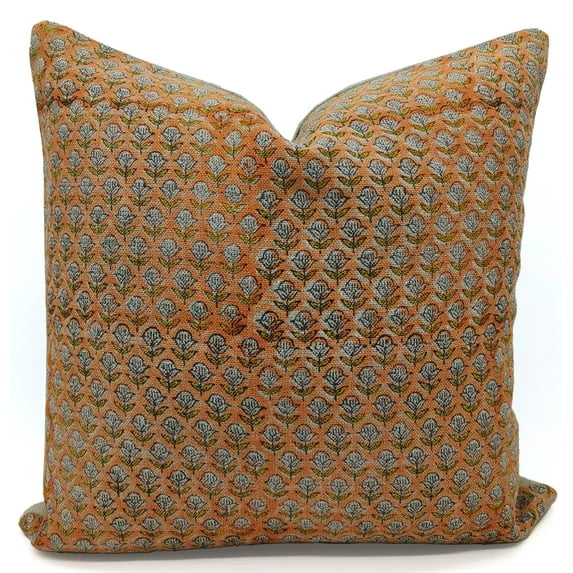 Fabdivine Thick Linen Hand Block Print Outdoor Throw Cushion Cover , 14"X14", Orange