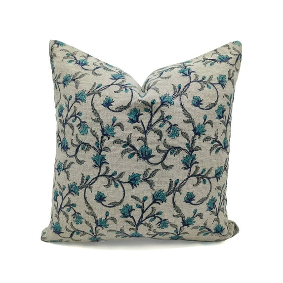 Fabdivine Thick Linen Hand Block Print Vintage Throw Cushion Cover , 20"X20", Turquoise Blue