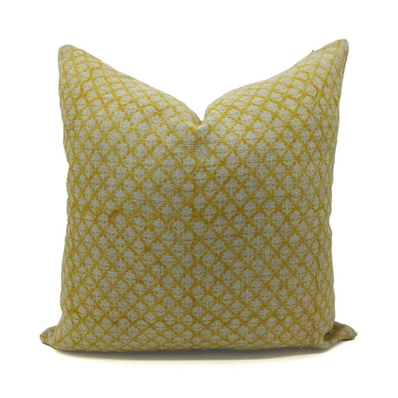 Fabdivine Thick Linen Hand Block Print Vintage Throw Cushion Cover , 26"X26", Yellow