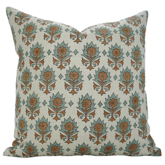 Fabdivine Unique Pure Linen Pillow Cover with Block Prints, 18X18, Throw Pillowcase Cushion Cover with Zipper for Sofa, Couch, Home Décor, Outdoor, Farmhouse, Living Room, Kusum