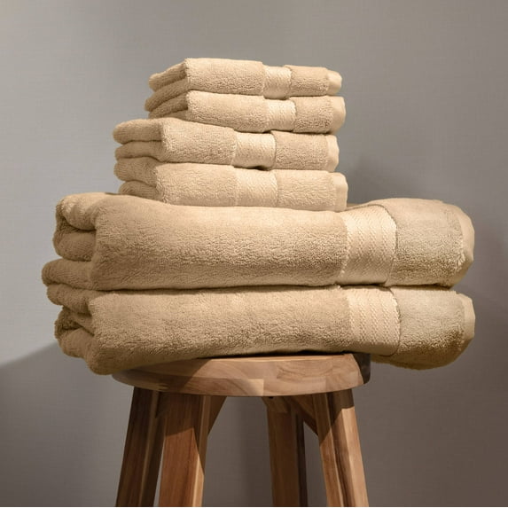 Fabdreams 100% Organic Cotton GOTS Certified 700 GSM Bathroom Towel Set of 6, 2 Bath Towels 30 x 56, 2 Hand Towels 16 x 30, 2 Wash Cloths 13 x 13, Dune Tan
