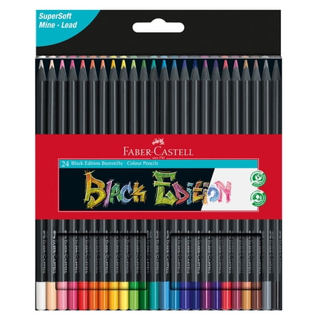 Faber-Castell Black Edition Colored Pencils - 24 Count, Black Wood and Super Soft Core Lead, Coloring Pencils for Adult Coloring Books, Art Colored Pencils