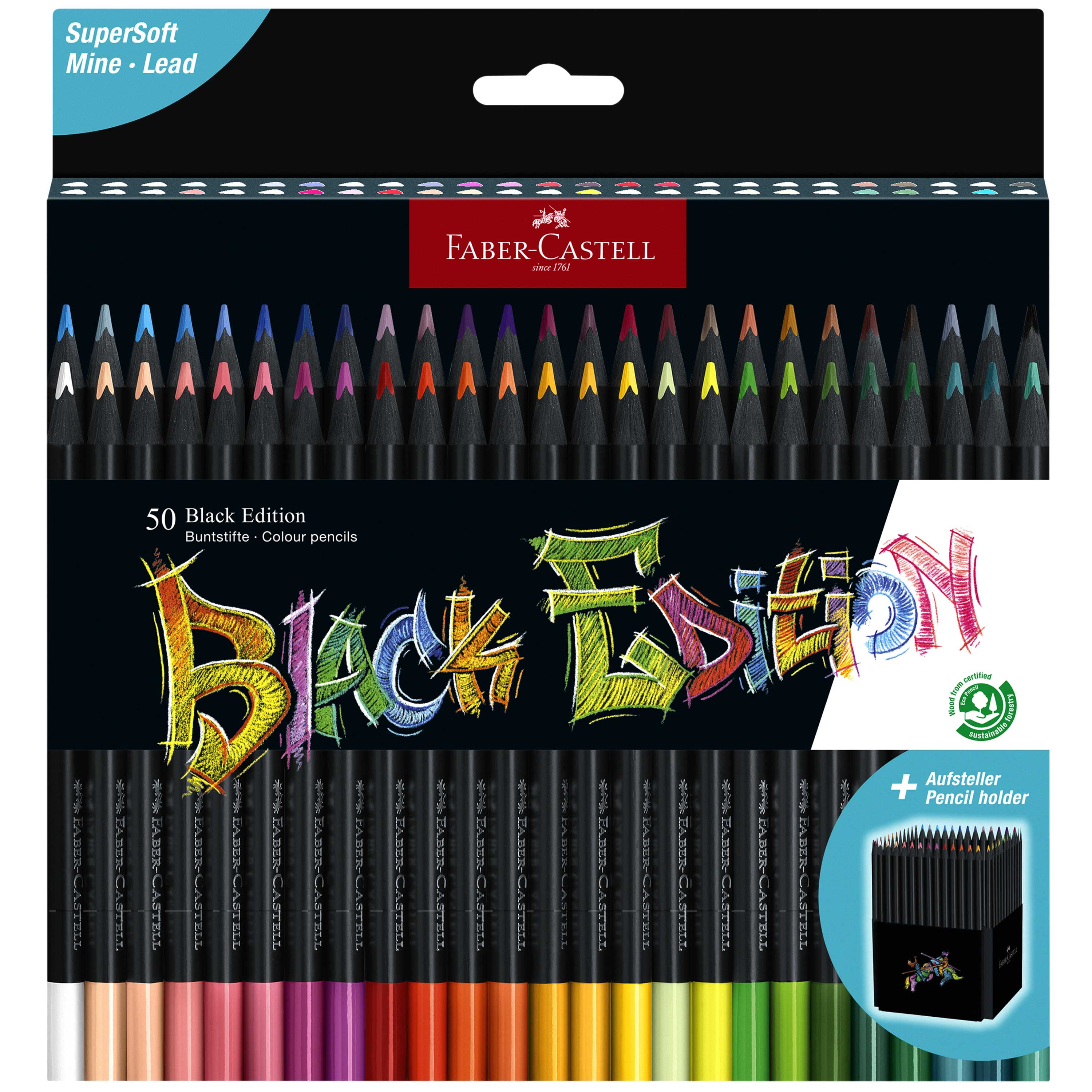 Black Edition Fine Art Colored Pencils, Super Soft Core, by Faber-Castell (50 Count)