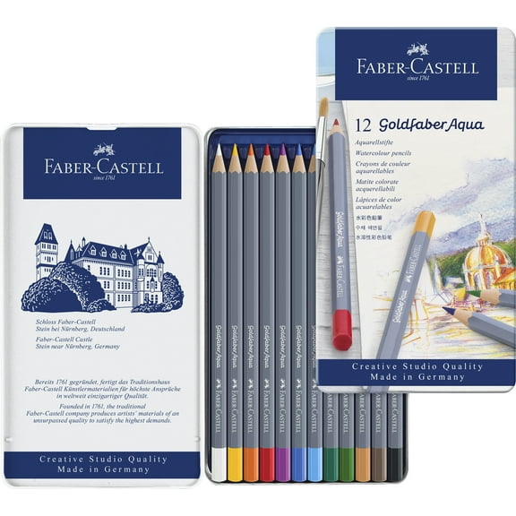 Faber-Castell Goldfaber Aqua Watercolor Pencils - Tin of 12 Colors, Pre-Sharpened Water Colored Pencils
