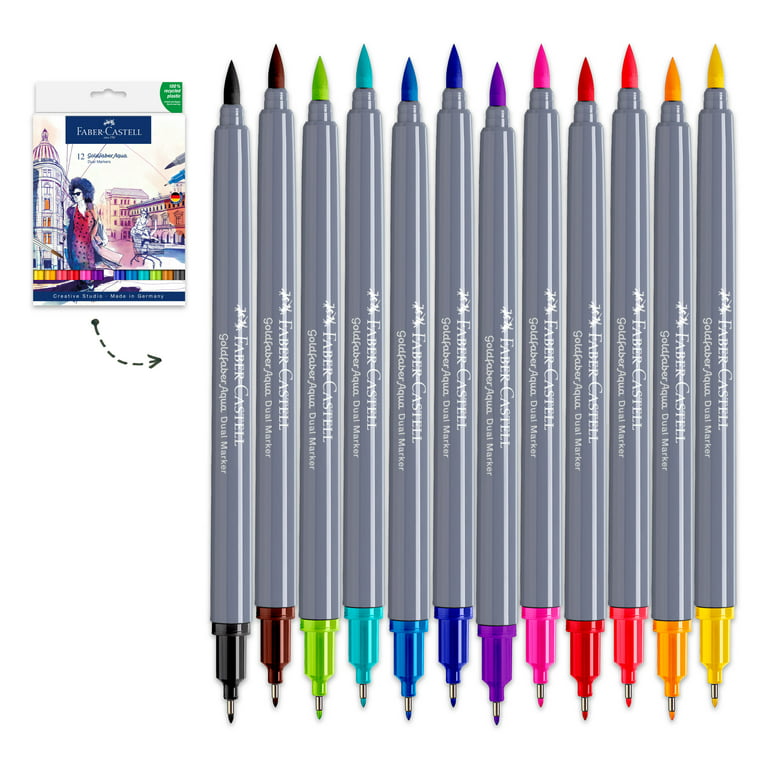  Faber-Castell Goldfaber Aqua Dual Tip Watercolor Markers - 12  Watercolor Brush Pens, Watercolor Markers for Adults, Real Brush Nib and  Fineliner Tip Art Markers : Arts, Crafts & Sewing