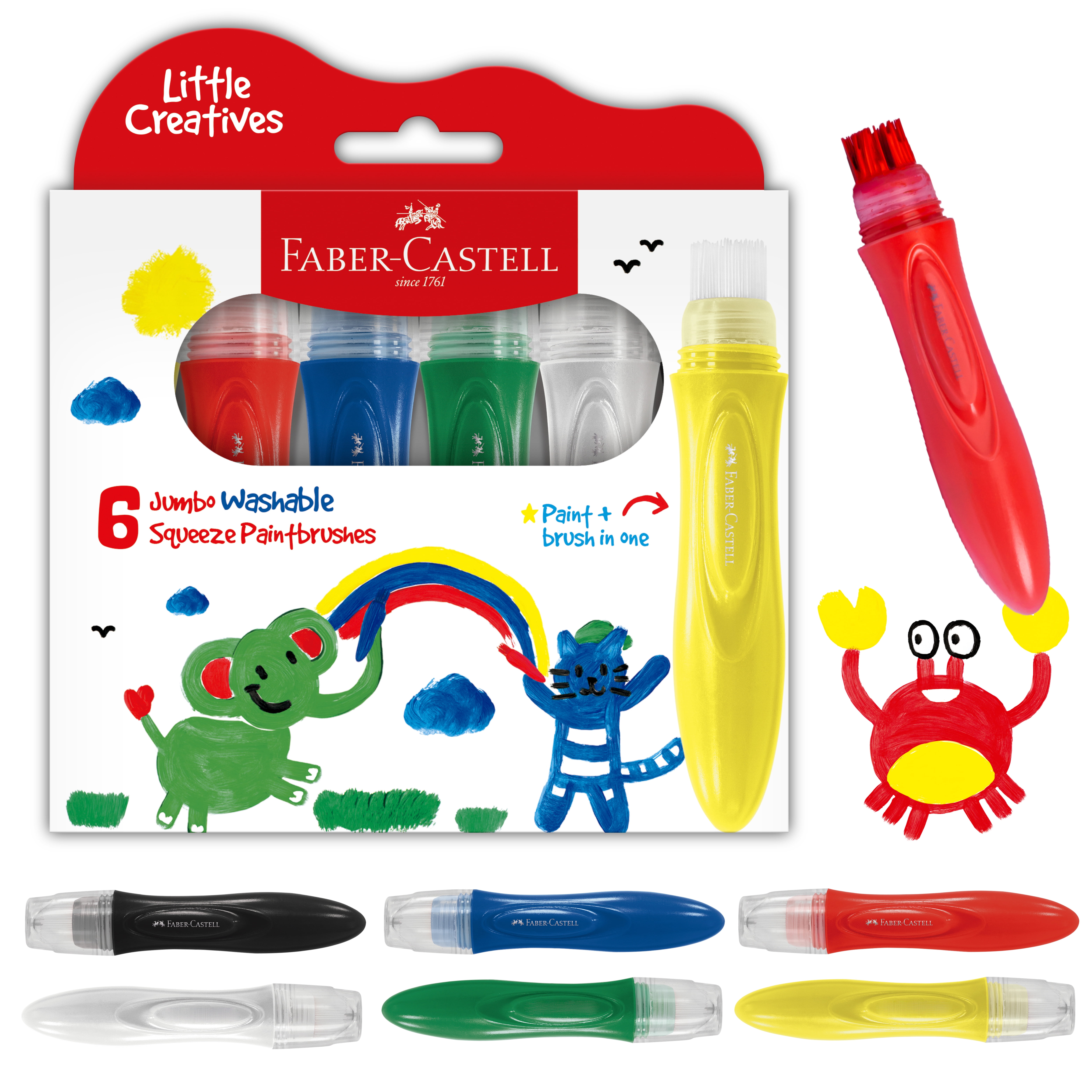 Faber-Castell Little Creatives Jumbo Squeezing Paint Brushes, 6 Colors, Paint Sticks for Kids Washable, Toddler Art Supplies, Non Toxic Paint and Brush in One, Kids Crafts Age 3 to 5+