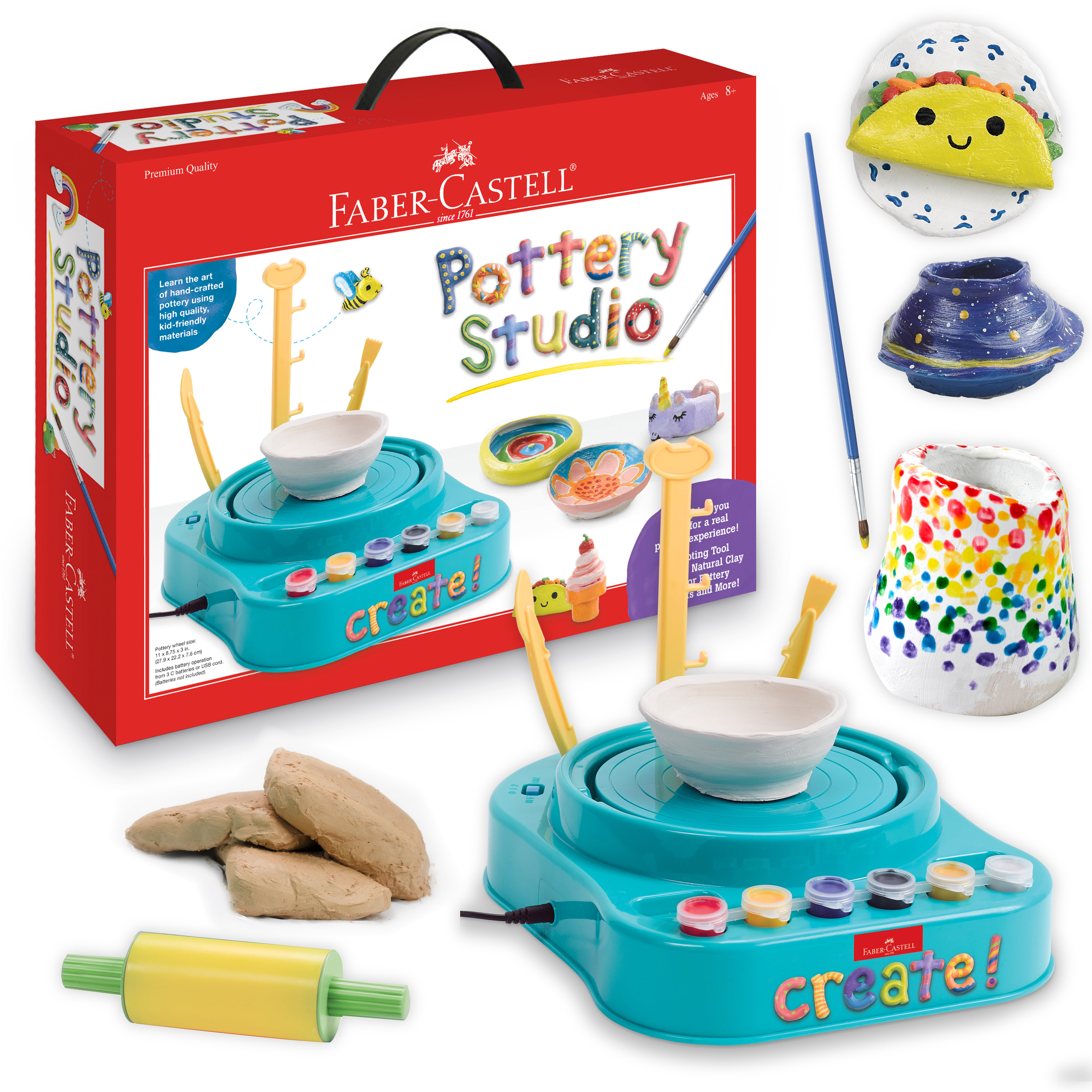 Faber-Castell Pottery Studio - Kids Pottery Wheel Kit for Ages 8+, Complete Pottery Wheel and Painting Kit for Beginners, 3 lbs of Sculpting Clay and Tools