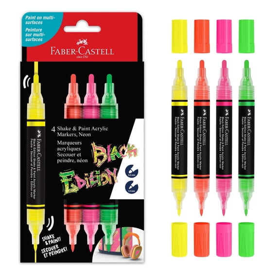 Faber-Castell Shake & Paint Markers: Neon - 4 Count Dual Tip Acrylic Paint Pens - Art Markers for Fabric Painting, Drawing & Art Supplies, Graffiti Markers
