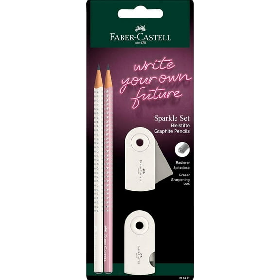 Faber-Castell Sparkle Writing Set - 2 x Pencils, 1 x Eraser, 1 x Sharpener - Rose/Coconut