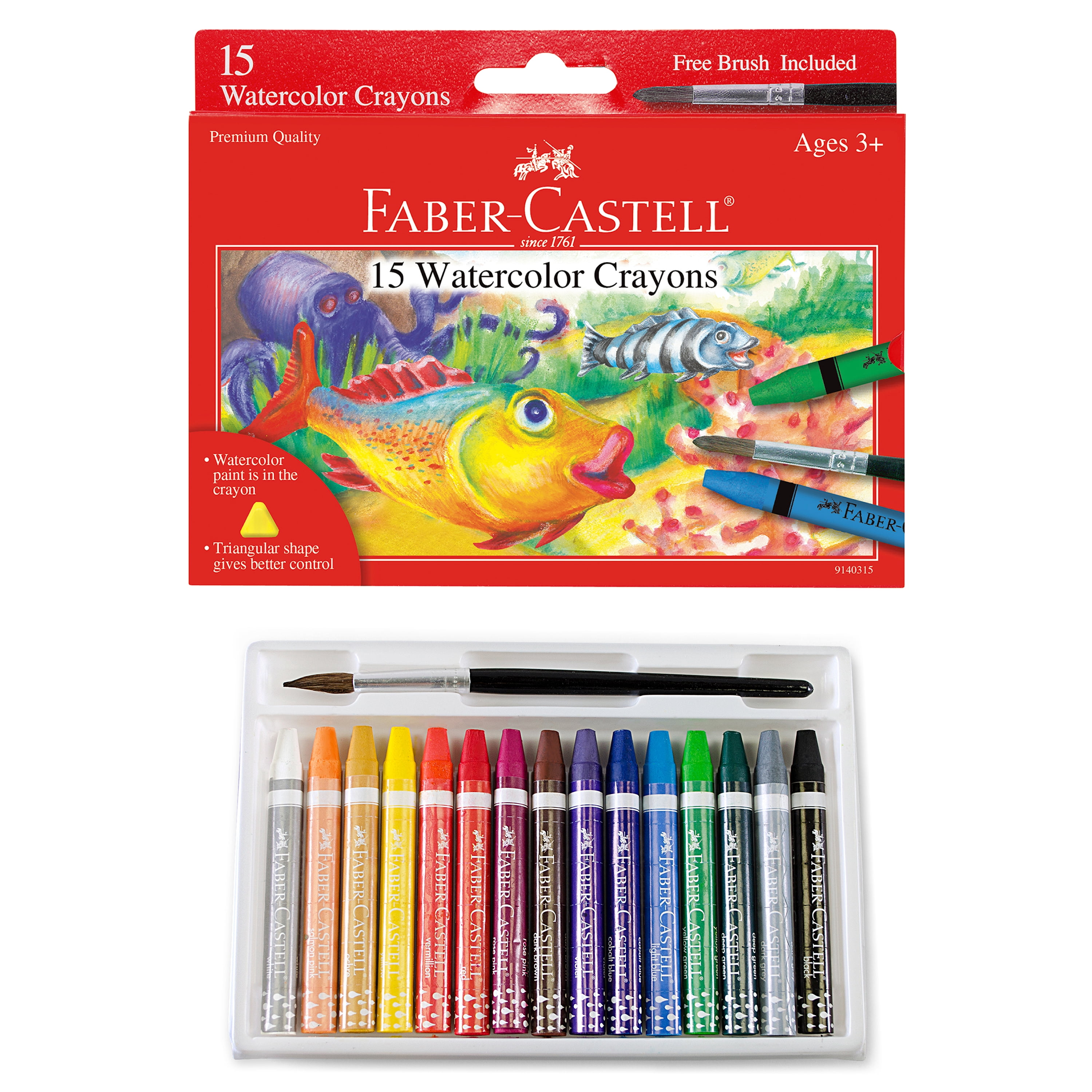 Faber-Castell Watercolor Crayons with Brush, 15 Colors - Art Supplies for Kids